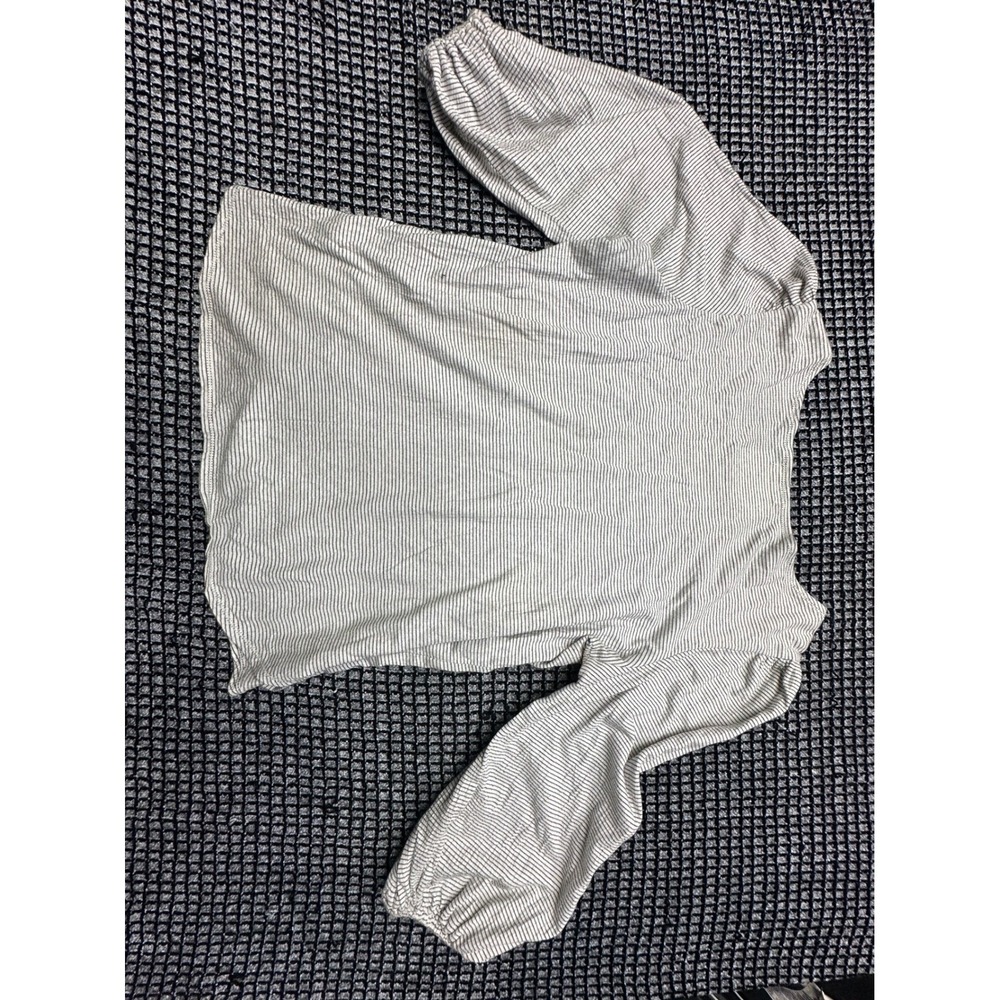 Max Studio Striped Top Womens L Ivory Black Puff Sleeve 8705S75‎